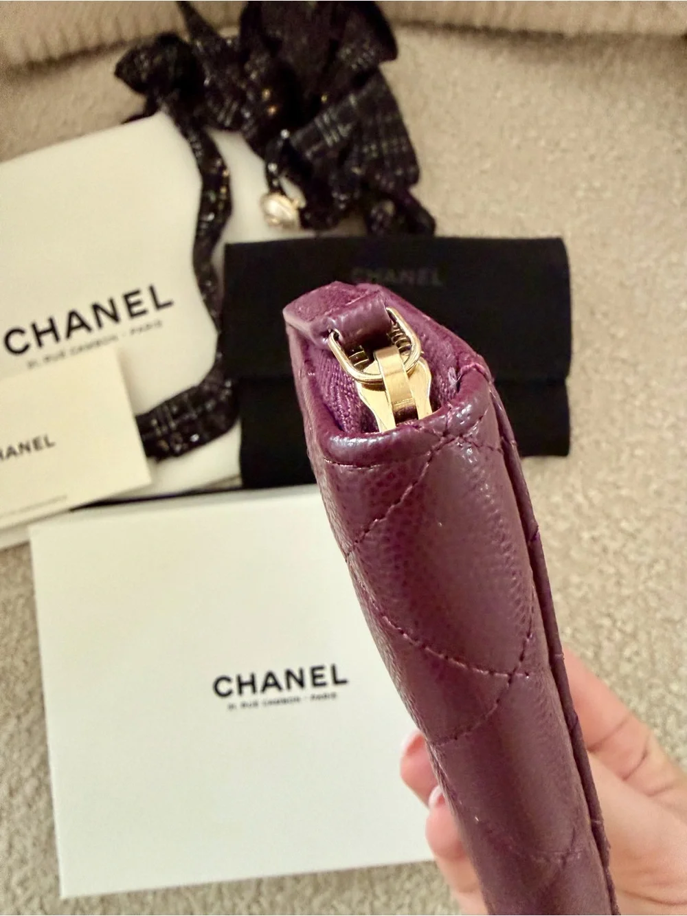 Chanel Quilted Zip Card Holder Wallet in Deep Burgundy BNIB